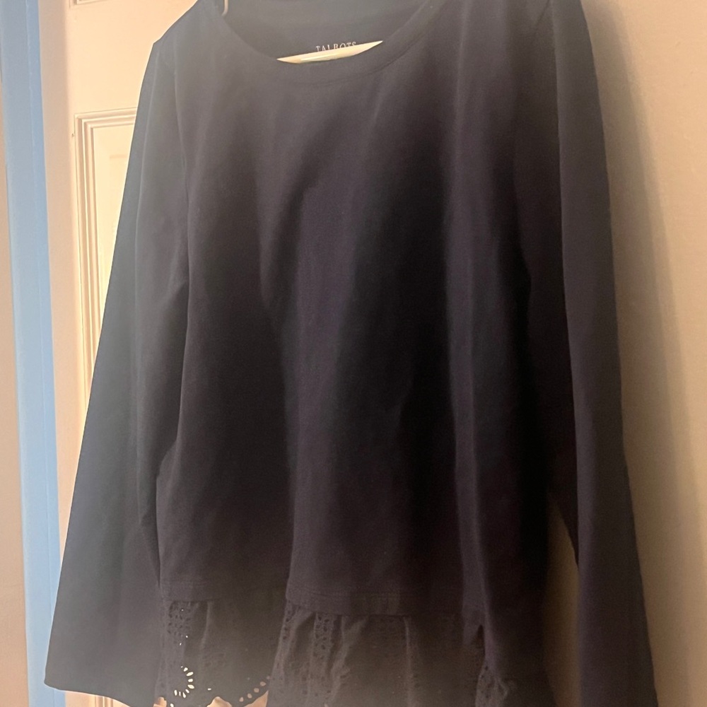 Talbots Navy Long Sleeve Top with Lace Hem
